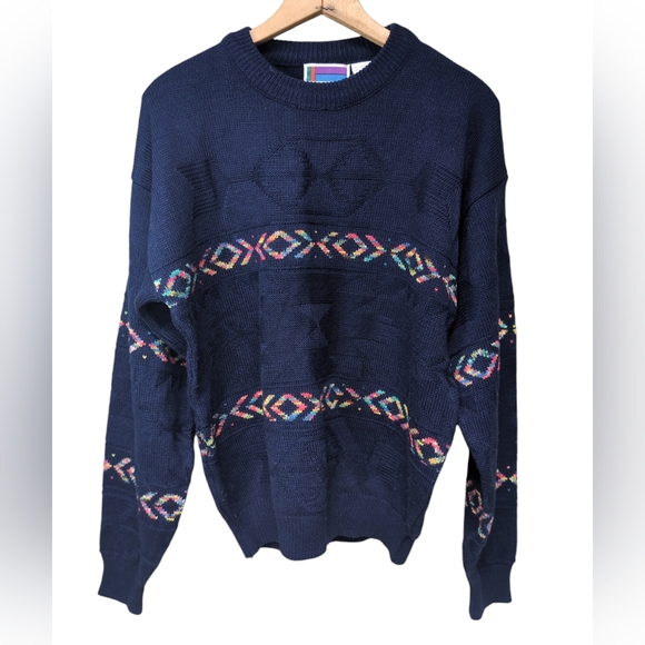 VINTAGE Crew Neck Sweater Graphix Knit Navy Aztec Print Mens Size EXTRA LARGE - Picture 6 of 6